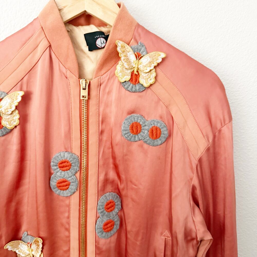 JOSEPH | Luxury Satin Bomber Jacket Coral Peach Butterfly Appliqué | 38, Medium
